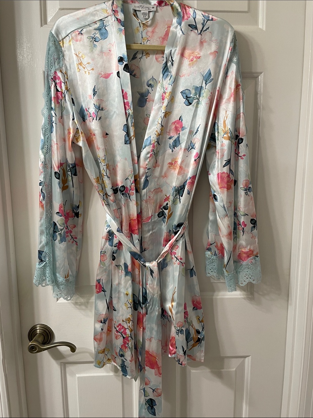 Floral Satin Wrap Robe with Lace Trim - Light Blue & Pink